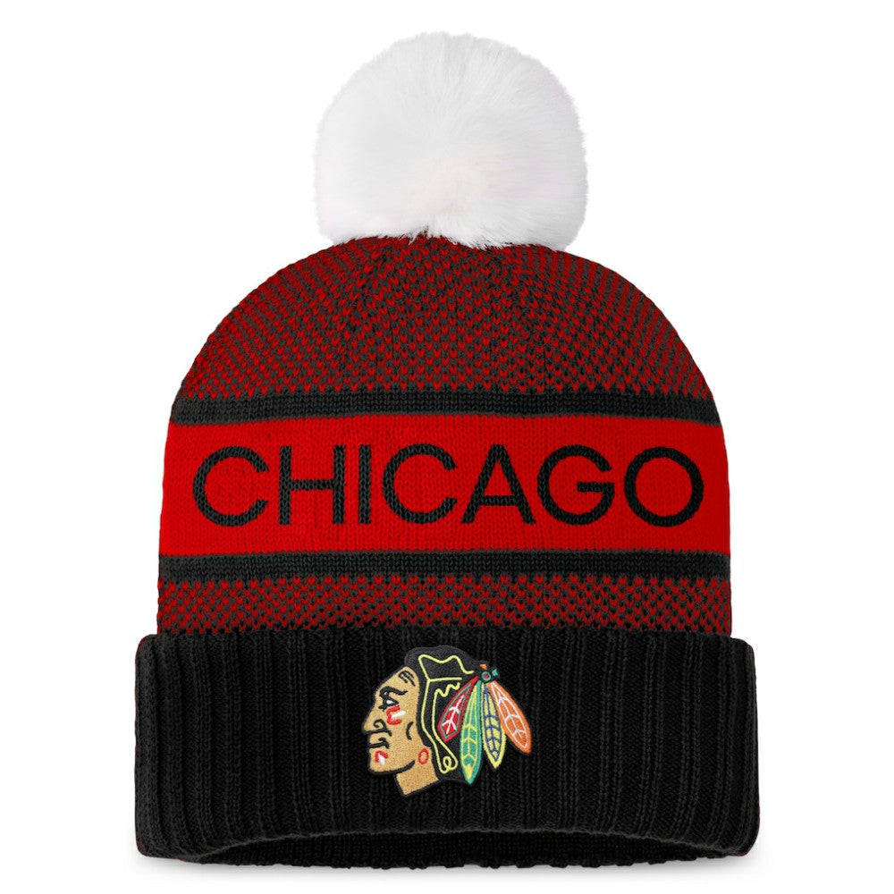 NHL Chicago Blackhawks Fanatics Women's Authentic Pro Rink Cuffed Knit Hat with Pom - Black/Red