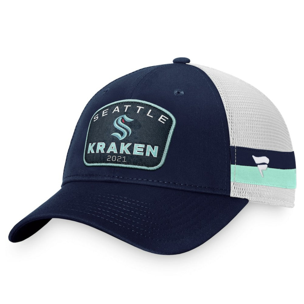 NHL Seattle Kraken Fanatics Fundamental Striped Trucker Adjustable Hat - Deep Sea Blue/White