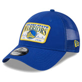 Golden State Warriors Plate Oversized Patch Trucker 9FORTY Adjustable Hat Royal