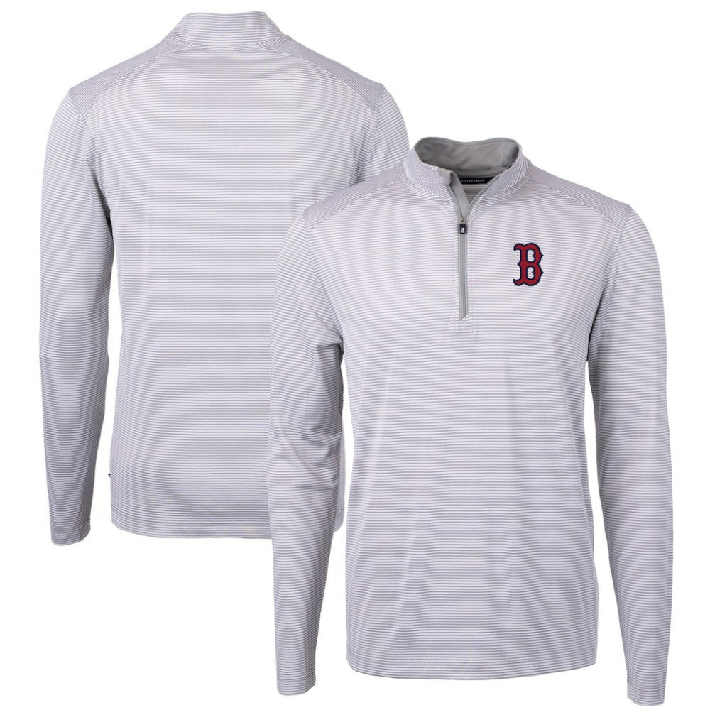 Boston Red Sox Cutter & Buck Virtue Eco Pique Micro Stripe Recycled Quarter-Zip Pullover Top - Gray/White Pullover