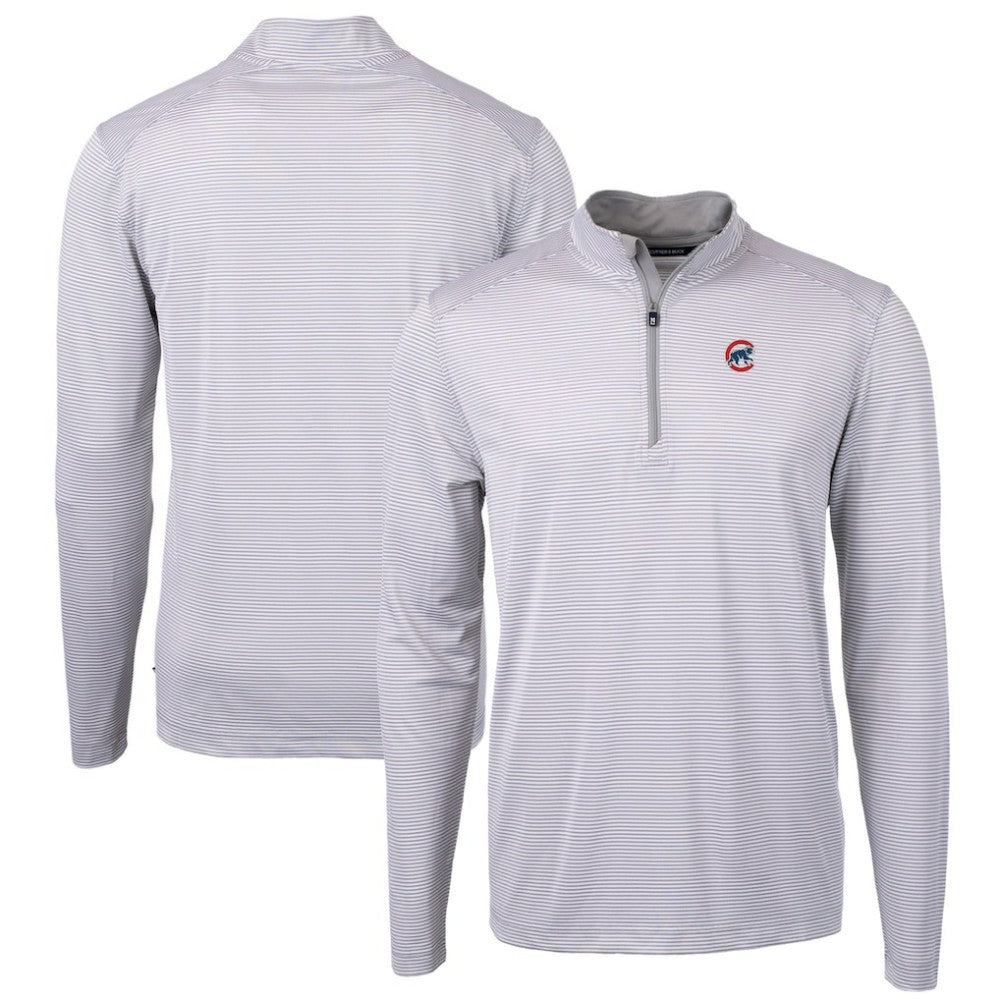 Chicago Cubs Cutter & Buck Virtue Eco Pique Micro Stripe Recycled Quarter-Zip Pullover Top - Gray/White Pullover