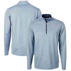 Kansas City Royals Cutter & Buck Virtue Eco Pique Micro Stripe Recycled Quarter-Zip Pullover Top - Light Blue/Navy Pullover
