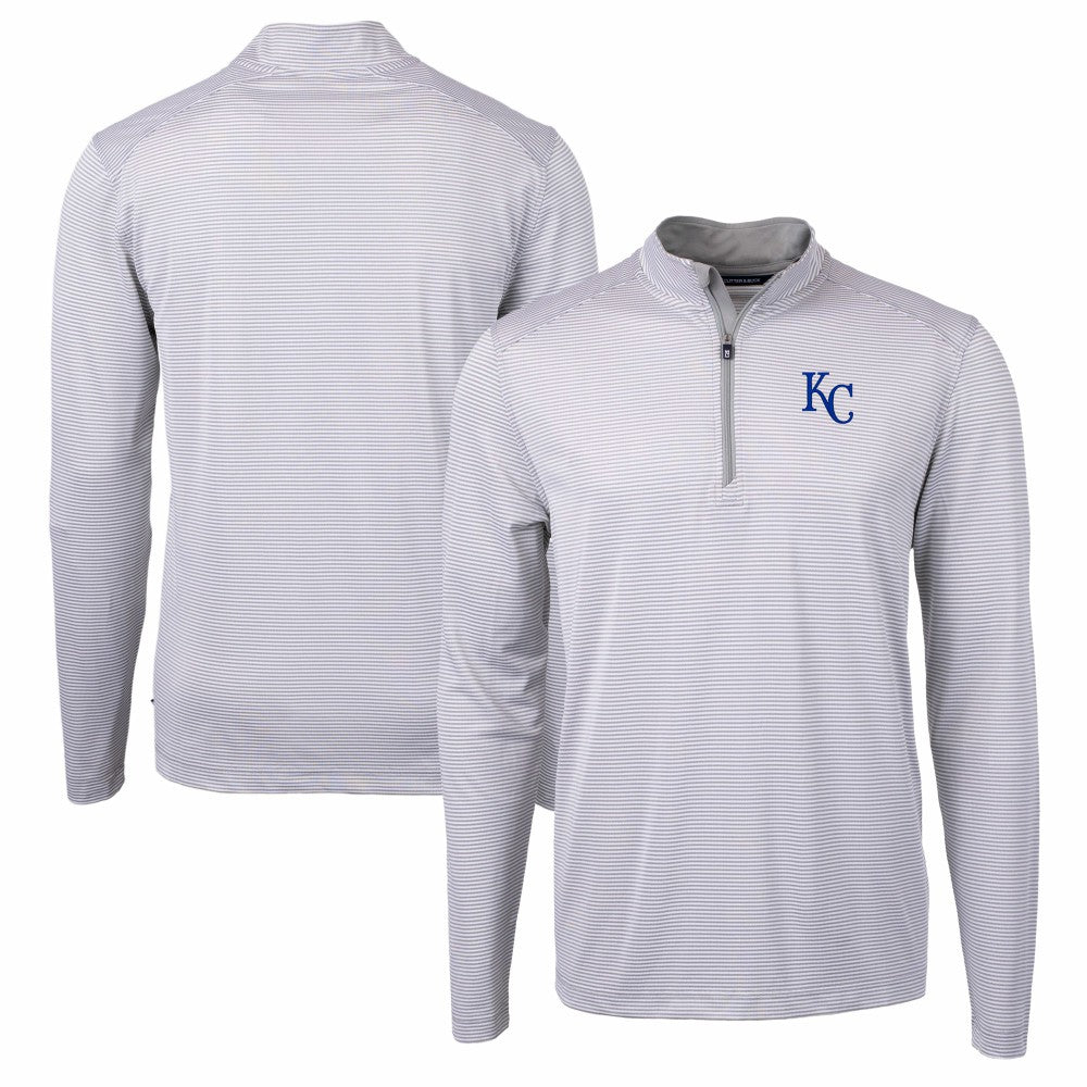 Kansas City Royals Cutter & Buck Virtue Eco Pique Micro Stripe Recycled Quarter-Zip Pullover Top - Gray/White Pullover