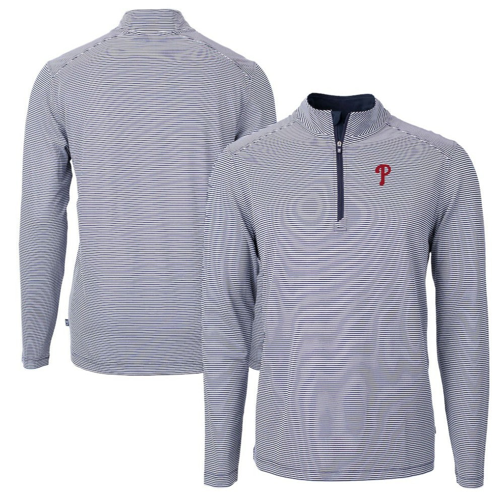 Philadelphia Phillies Cutter & Buck Virtue Eco Pique Micro Stripe Recycled Quarter-Zip Pullover Top - Navy/White Pullover