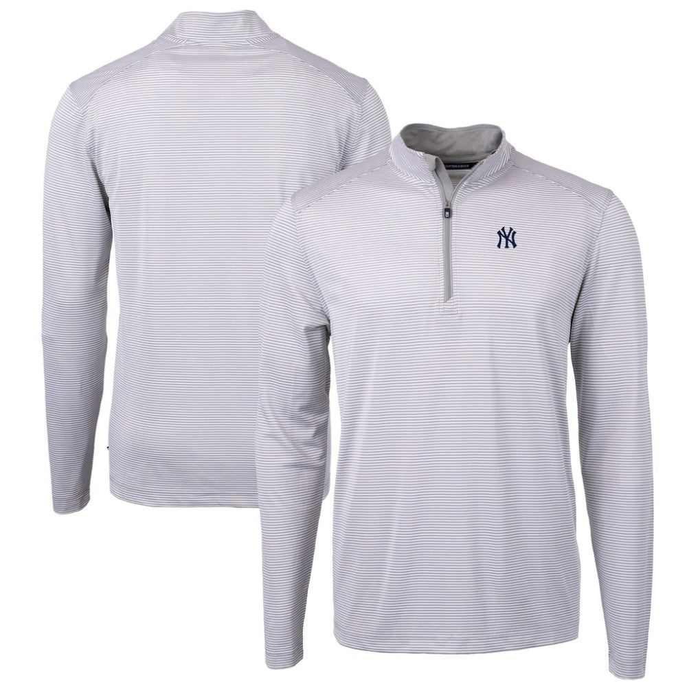 New York Yankees Cutter & Buck Virtue Eco Pique Micro Stripe Big & Tall Recycled Quarter-Zip Pullover Top - Gray/White Pullover