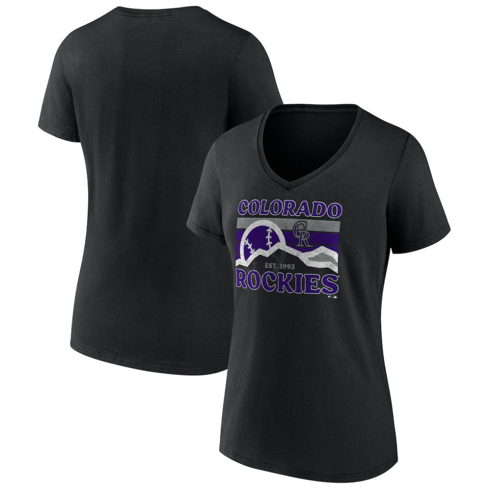 Colorado Rockies Women's Hometown Mountain Scene V-Neck T-Shirt - Black T-shirts