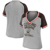 Cleveland Browns WEAR by Erin Andrews Women's Cropped Raglan Throwback V-Neck T-Shirt Heather Gray