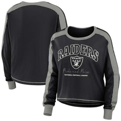 Las Vegas Raiders WEAR by Erin Andrews Women's Color Block Modest Crop Long Sleeve T-Shirt Black/Silver