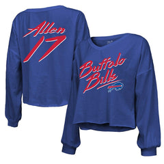 Josh Allen Buffalo Bills Majestic Threads Women's Name & Number Off-Shoulder Script Cropped Long Sleeve Relaxed V-Neck T-Shirt Royal