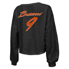 Joe Burrow Cincinnati Bengals Majestic Threads Women's Name & Number Off-Shoulder Script Cropped Long Sleeve Relaxed V-Neck T-Shirt Black