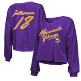Justin Jefferson Minnesota Vikings Majestic Threads Women's Name & Number Off-Shoulder Script Cropped Long Sleeve V-Neck T-Shirt Purple