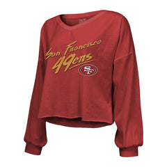 Christian McCaffrey San Francisco 49ers Majestic Threads Women's Name & Number Off-Shoulder Script Cropped Long Sleeve V-Neck T-Shirt Scarlet