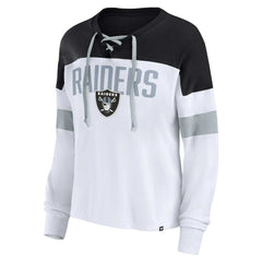 Las Vegas Raiders Women's Plus Size Even Match Lace-Up Long Sleeve V-Neck Top White/Black