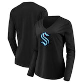 NHL Seattle Kraken Women's Primary Logo V-Neck Long Sleeve T-Shirt - Black