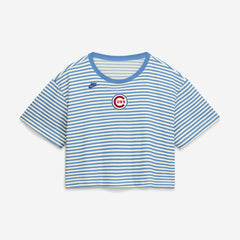 Chicago Cubs Nike Women's Cooperstown Collection Striped Cropped T-Shirt - Light Blue/Cream T-shirts