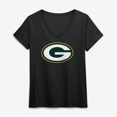 Green Bay Packers Logo Athletic Women's Primary Logo V-Neck T-Shirt Black