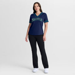 Seattle Mariners Fanatics Women's Diva Race Ahead Raglan V-Neck T-Shirt - Navy T-shirts