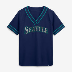 Seattle Mariners Fanatics Women's Diva Race Ahead Raglan V-Neck T-Shirt - Navy T-shirts
