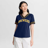 Milwaukee Brewers Fanatics Women's Diva Race Ahead Raglan V-Neck T-Shirt - Navy T-shirts
