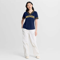 Milwaukee Brewers Fanatics Women's Diva Race Ahead Raglan V-Neck T-Shirt - Navy T-shirts
