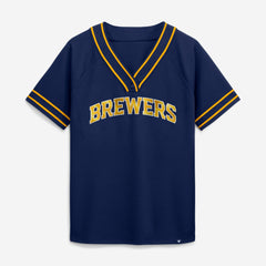 Milwaukee Brewers Fanatics Women's Diva Race Ahead Raglan V-Neck T-Shirt - Navy T-shirts