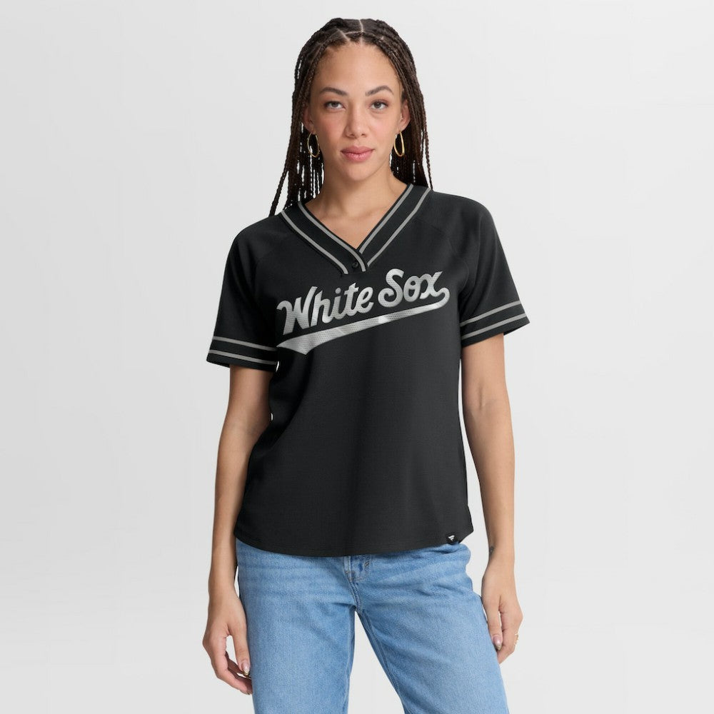Chicago White Sox Fanatics Women's Diva Race Ahead Raglan V-Neck T-Shirt - Black T-shirts