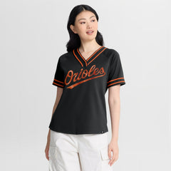Baltimore Orioles Fanatics Women's Diva Race Ahead Raglan V-Neck T-Shirt - Black T-shirts