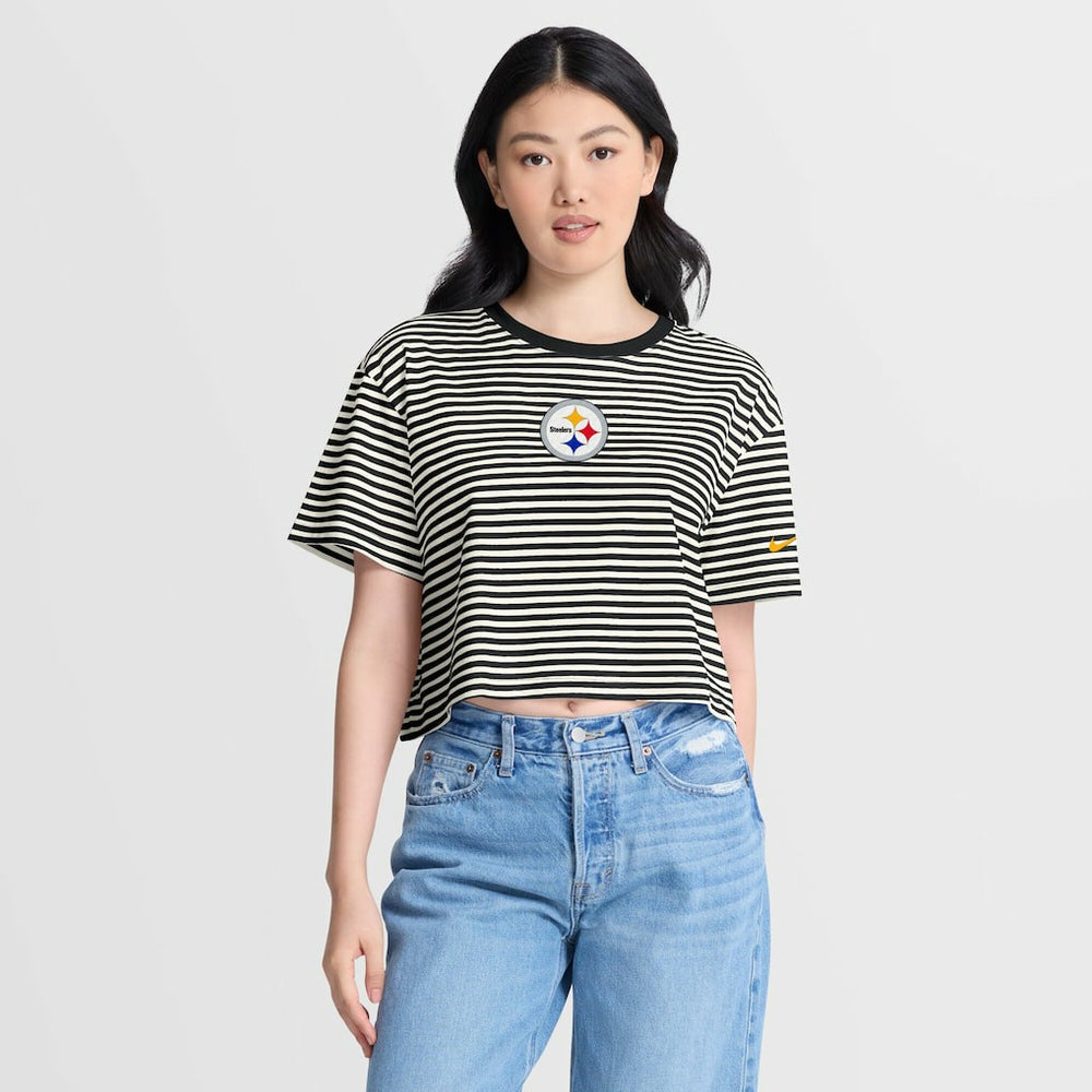 Pittsburgh Steelers Women's Striped Cropped T-Shirt Black/Cream