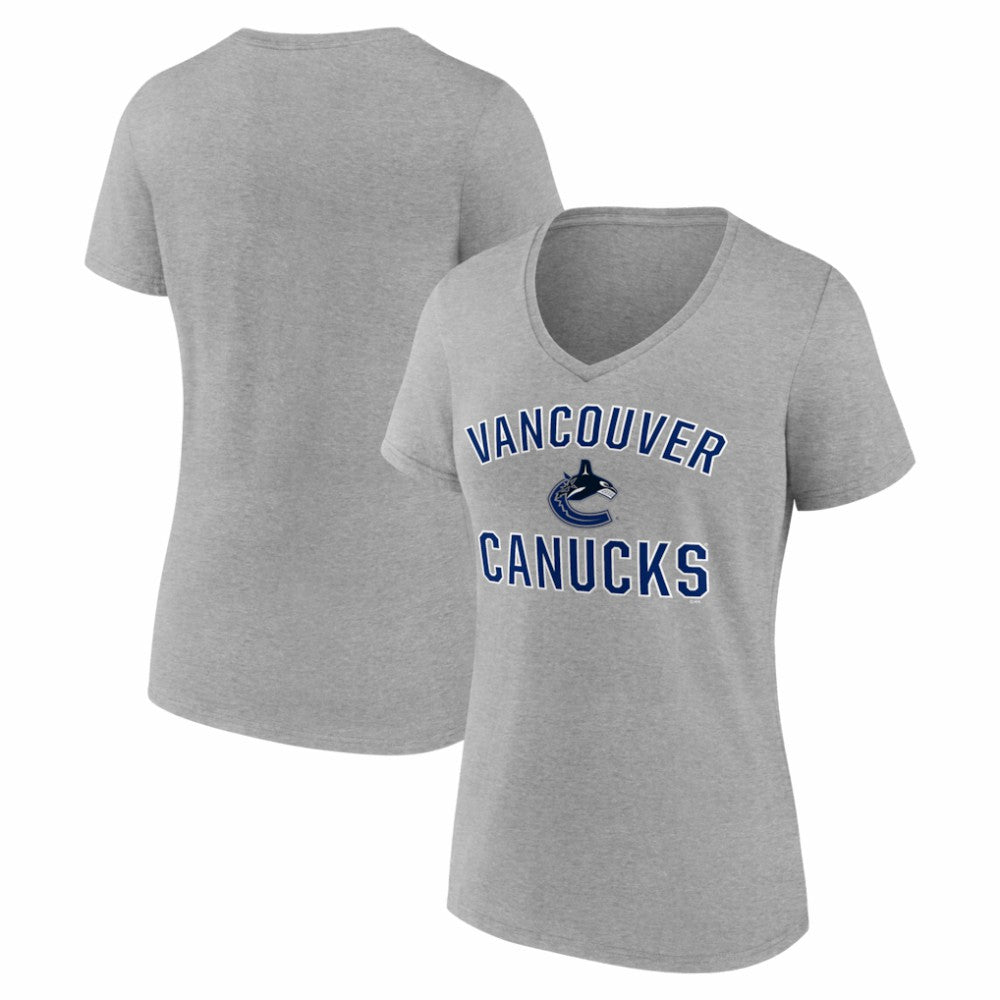 NHL Vancouver Canucks Logo Athletic Women's Arch Victory V-Neck T-Shirt - Heather Gray