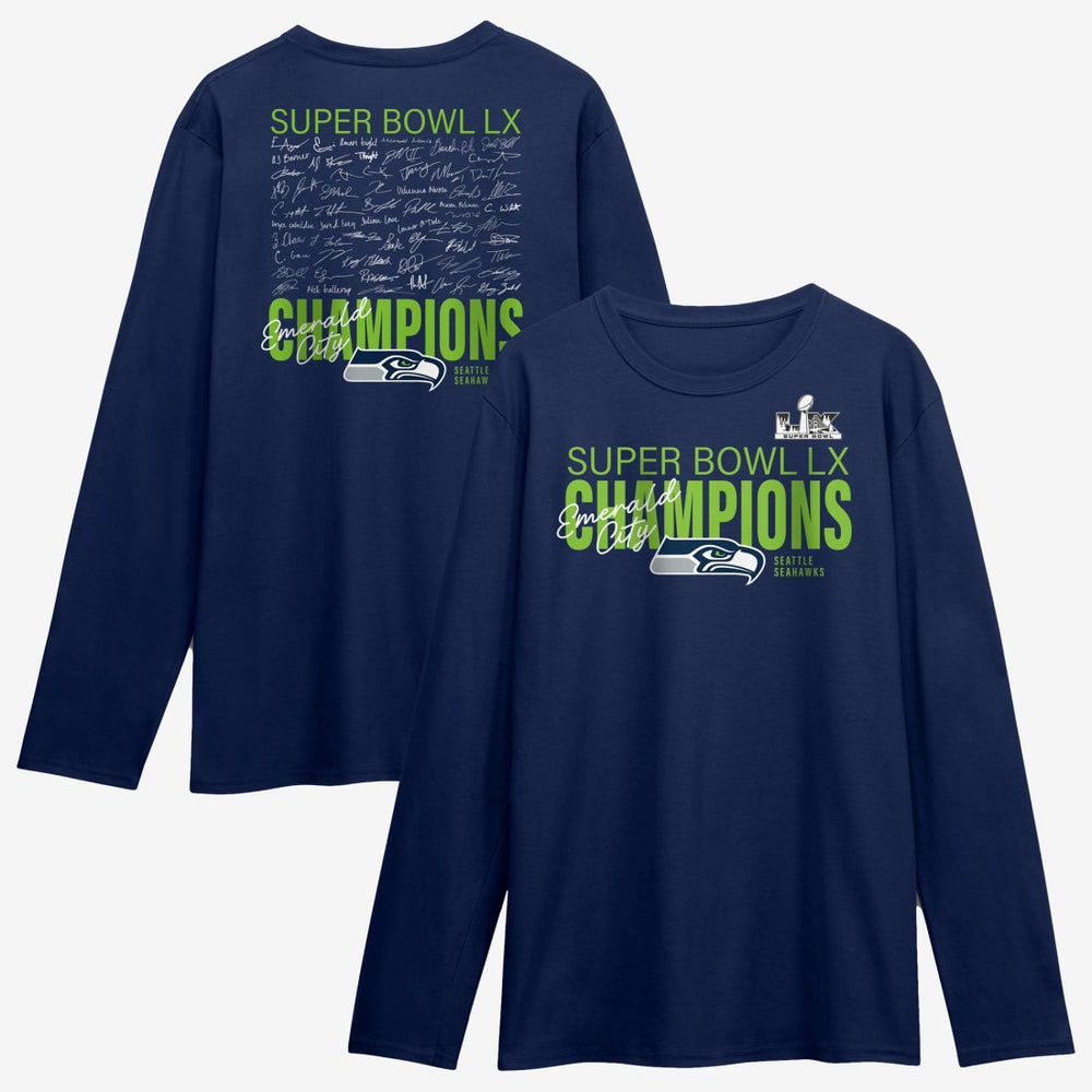 Seattle Seahawks Super Bowl LX Champions Autograph Signing Long Sleeve Roster T-Shirt College Navy