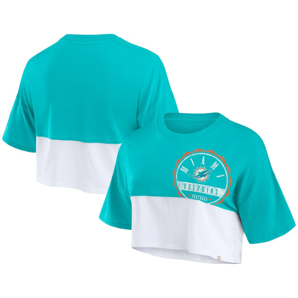 Miami Dolphins Women's Boxy Color Split Cropped T-Shirt Aqua/White