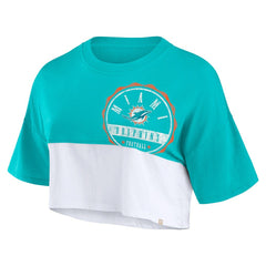 Miami Dolphins Women's Boxy Color Split Cropped T-Shirt Aqua/White