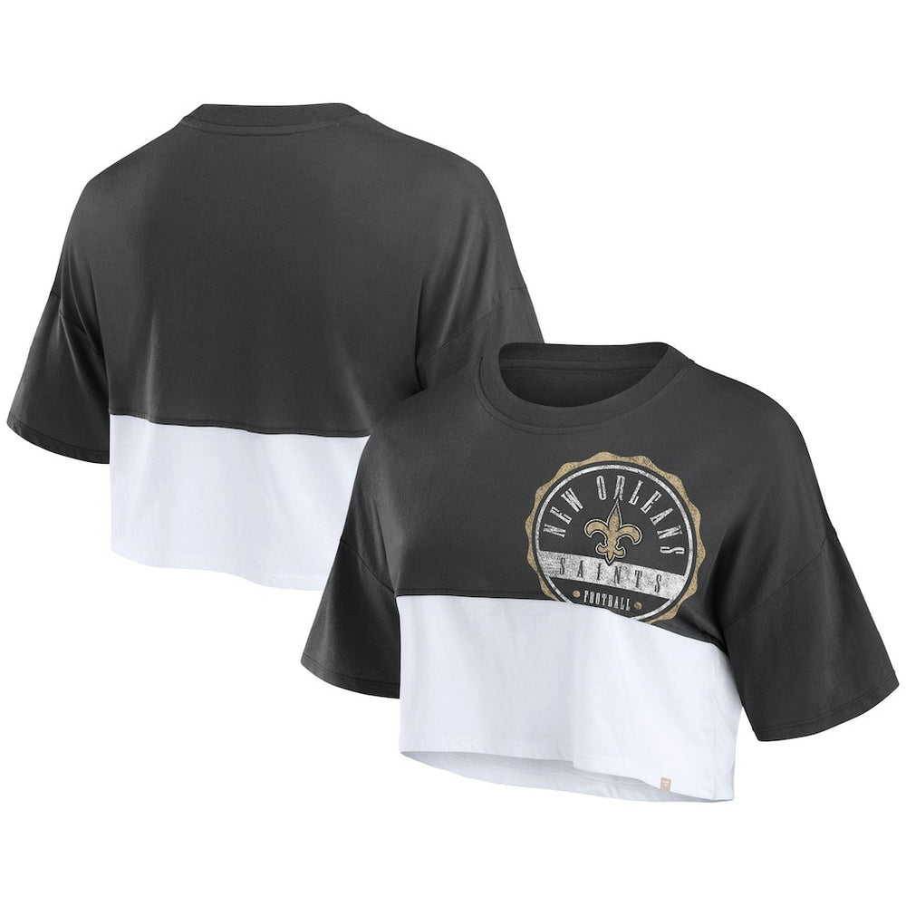 New Orleans Saints Women's Boxy Color Split Cropped T-Shirt Black/White
