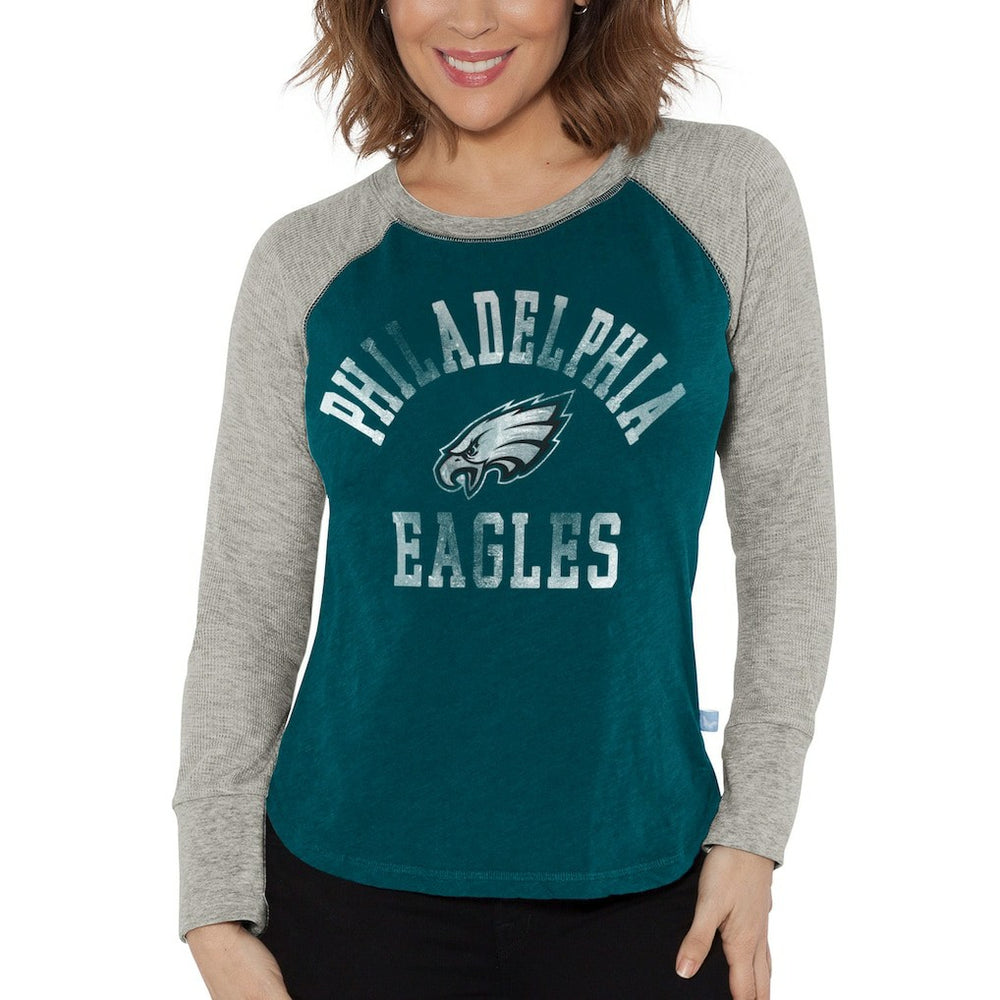 Philadelphia Eagles G-III 4Her by Carl Banks Women's Waffle Knit Raglan Long Sleeve T-Shirt Midnight Green/Heather Gray
