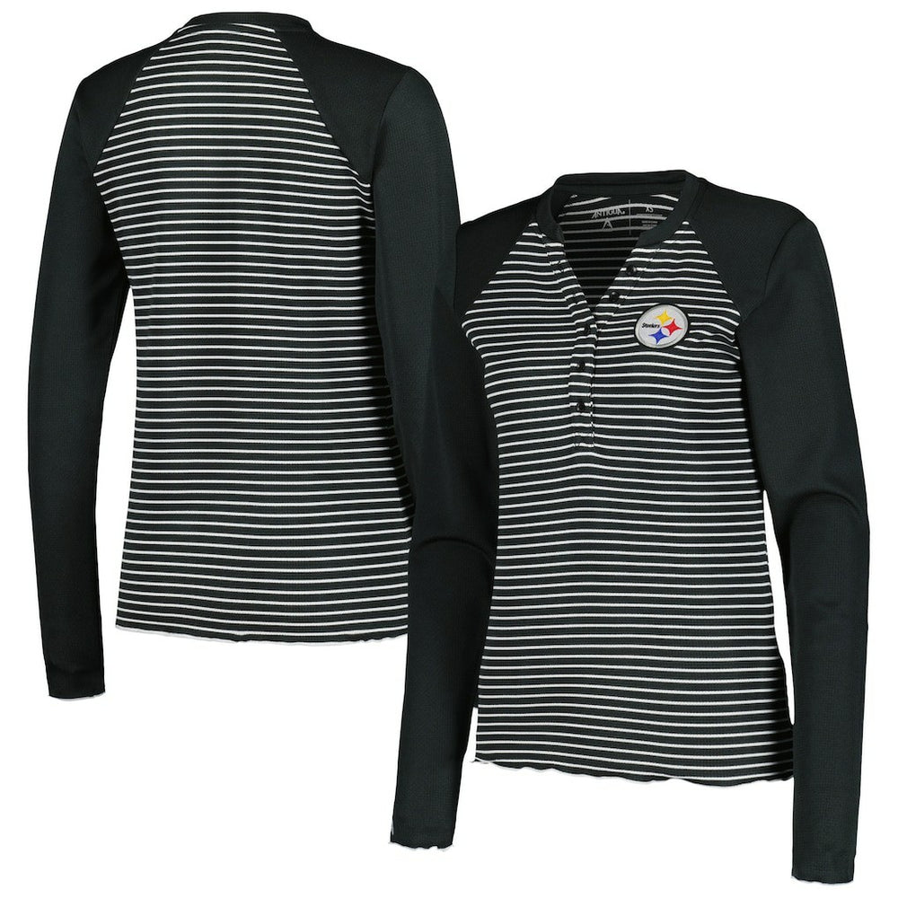 Pittsburgh Steelers Antigua Women's Maverick Waffle Henley Long Sleeve T-Shirt Black