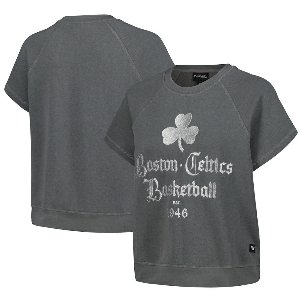 Boston Celtics The Wild Collective Women's Embroidered Fleece Raglan Short Sleeve Pullover Sweatshirt Gray