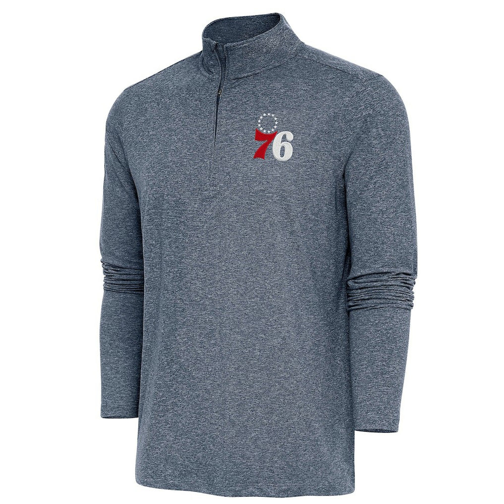 Philadelphia 76ers Antigua Hunk Quarter-Zip Pullover Top Heather Navy