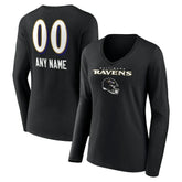 Baltimore Ravens Women's Personalized Name & Number Team Wordmark Long Sleeve V-Neck T-Shirt Black