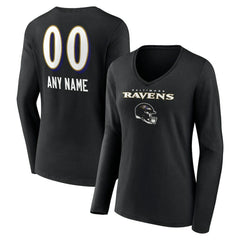 Baltimore Ravens Women's Personalized Name & Number Team Wordmark Long Sleeve V-Neck T-Shirt Black