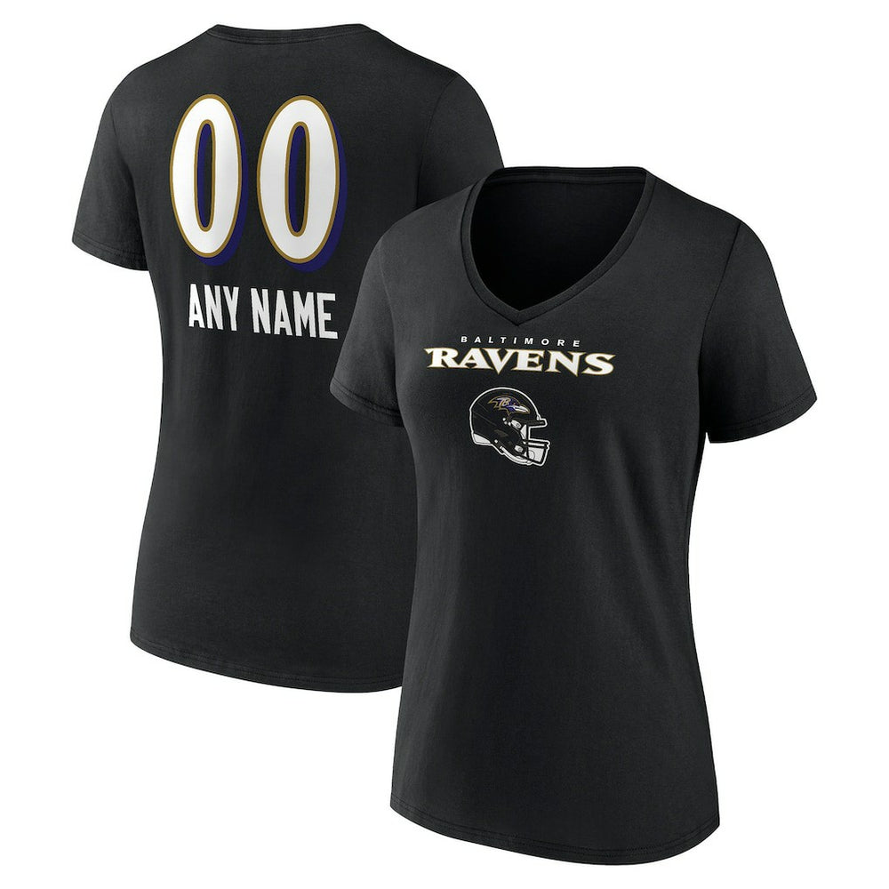 Baltimore Ravens Women's Personalized Name & Number Team Wordmark V-Neck T-Shirt Black