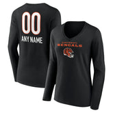 Cincinnati Bengals Women's Personalized Name & Number Team Wordmark Long Sleeve V-Neck T-Shirt Black