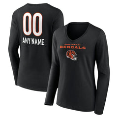 Cincinnati Bengals Women's Personalized Name & Number Team Wordmark Long Sleeve V-Neck T-Shirt Black