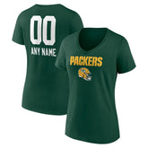 Green Bay Packers Women's Personalized Name & Number Team Wordmark V-Neck T-Shirt Green