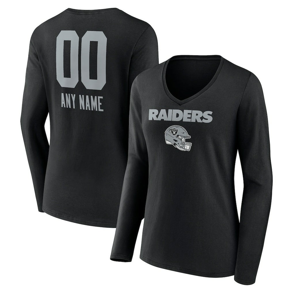 Las Vegas Raiders Women's Personalized Name & Number Team Wordmark Long Sleeve V-Neck T-Shirt Black