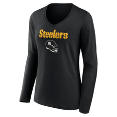 Pittsburgh Steelers Women's Personalized Name & Number Team Wordmark Long Sleeve V-Neck T-Shirt Black