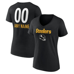 Pittsburgh Steelers Women's Personalized Name & Number Team Wordmark V-Neck T-Shirt Black