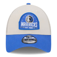 Dallas Mavericks Throwback Patch Trucker 9FORTY Adjustable Hat Khaki/Blue