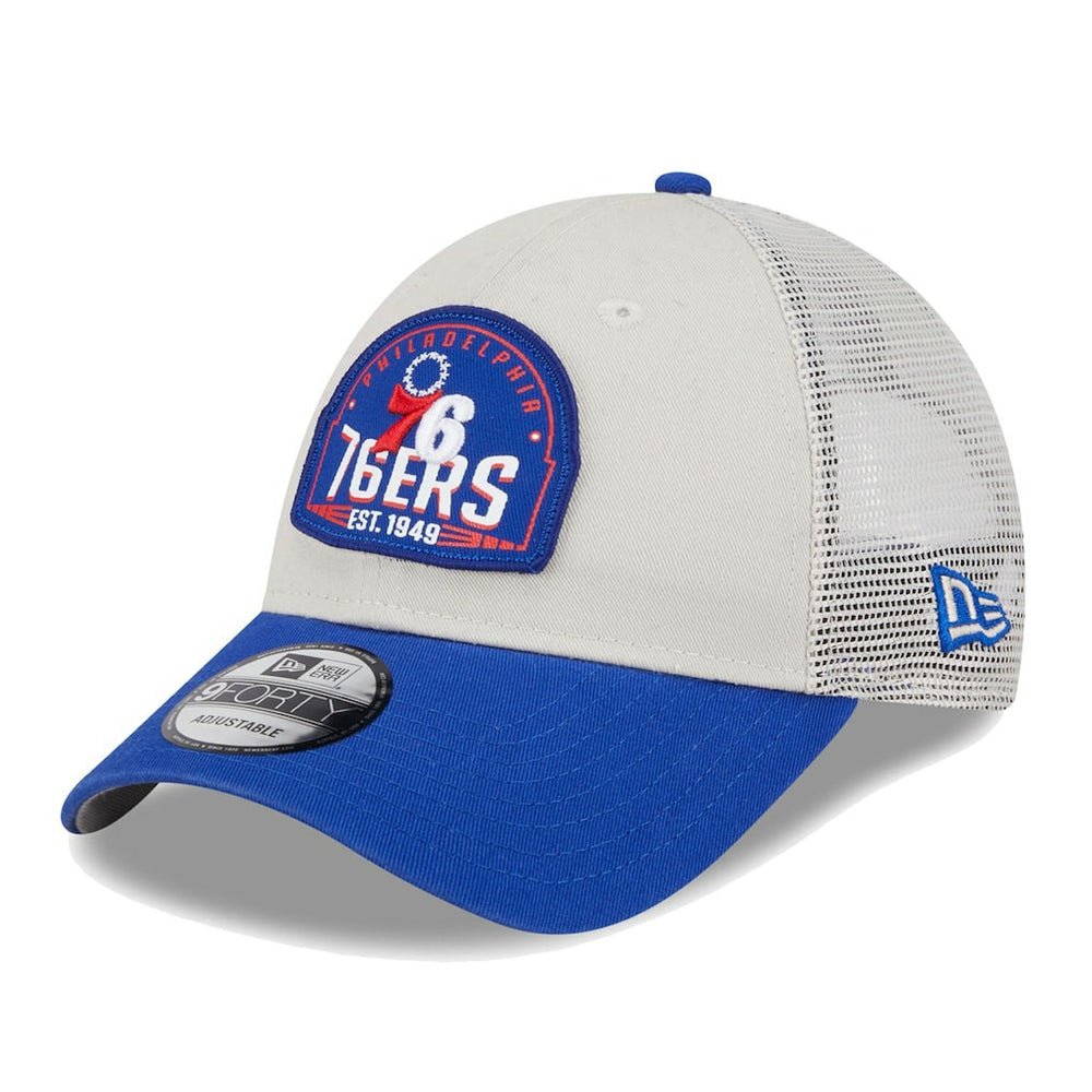 Philadelphia 76ers Throwback Patch Trucker 9FORTY Adjustable Hat Khaki/Royal