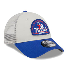 Philadelphia 76ers Throwback Patch Trucker 9FORTY Adjustable Hat Khaki/Royal