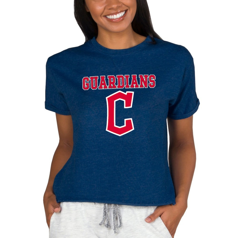Cleveland Guardians Concepts Sport Women's Tri-Blend Mainstream Terry Short Sleeve Sweatshirt Top - Navy Sweatshirts